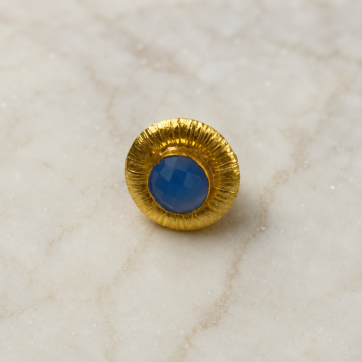 Aura Eclipse Blue Stone Ring – Textured Gold Plated Light Blue Calsi Ring