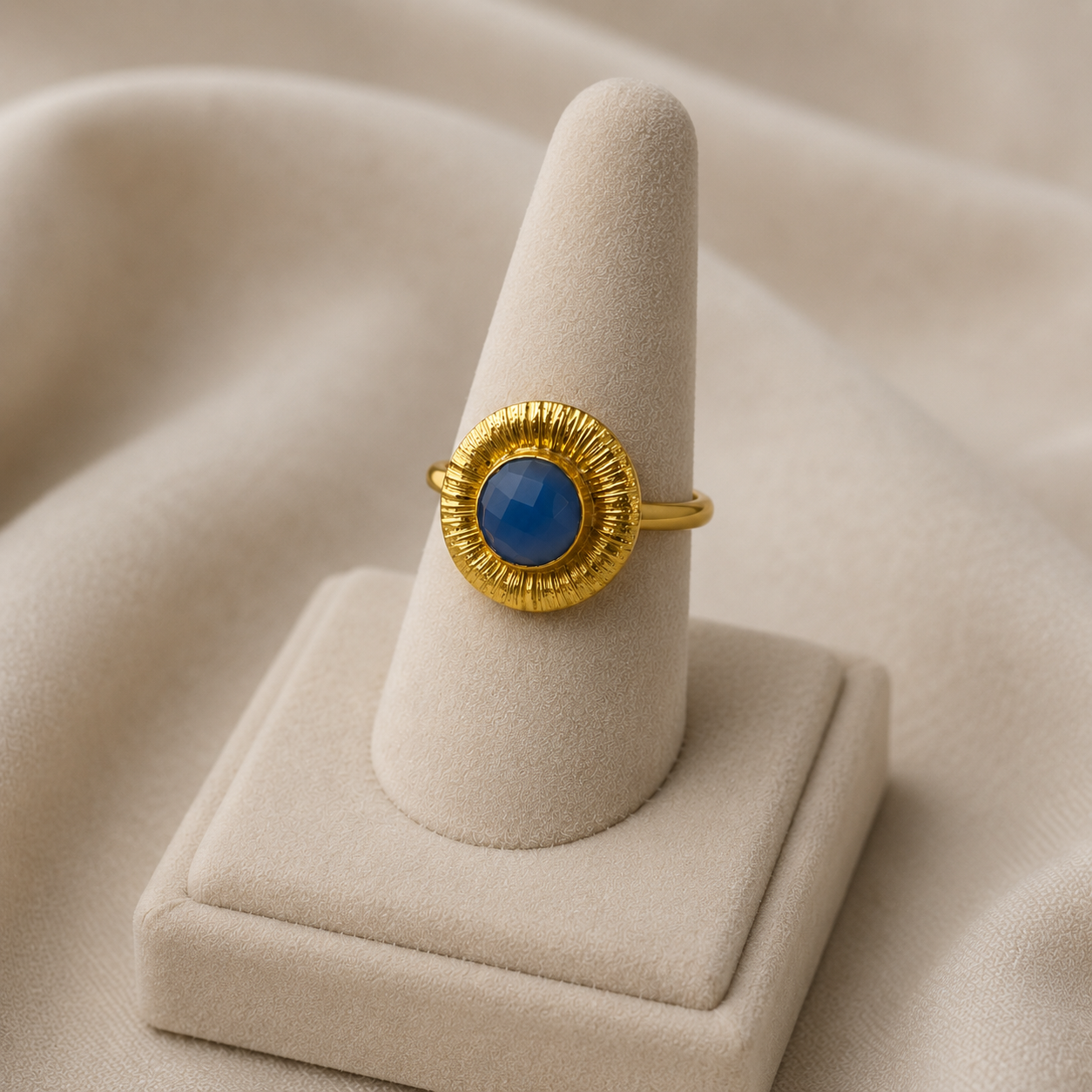 Aura Eclipse Blue Stone Ring – Textured Gold Plated Light Blue Calsi Ring