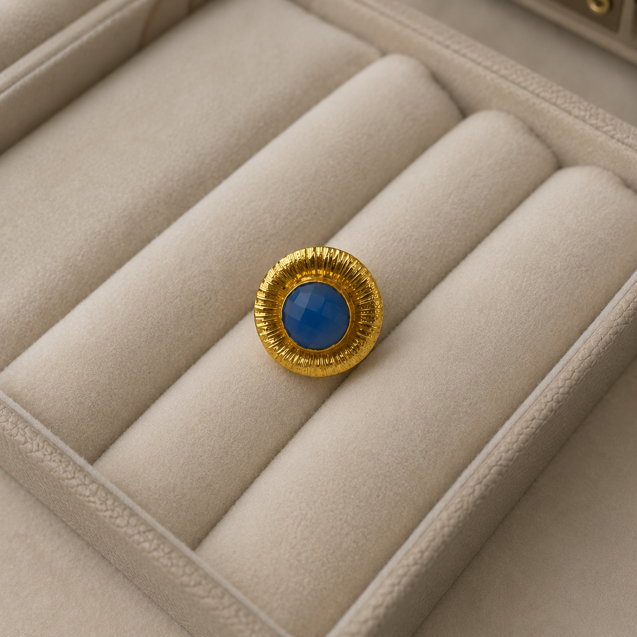 Aura Eclipse Blue Stone Ring – Textured Gold Plated Light Blue Calsi Ring