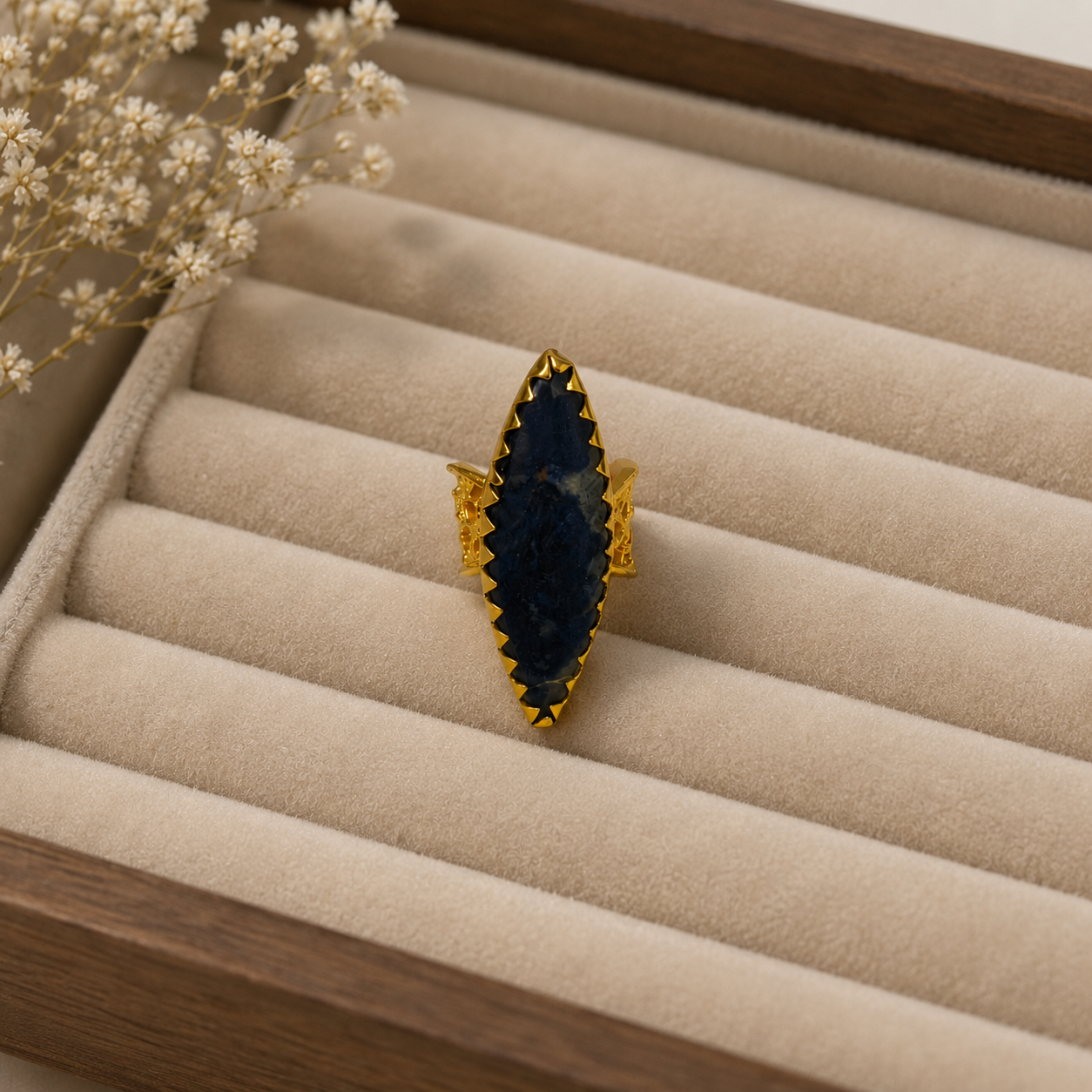 Gothic Eclipse Navette Ring – Gold Plated Sodalite Statement Cocktail Ring
