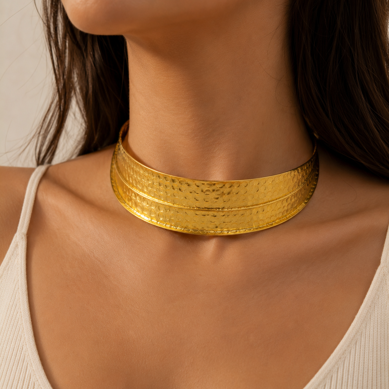 Gilded Empress Hammered Choker – Tiered Gold Plated Brass Statement Collar