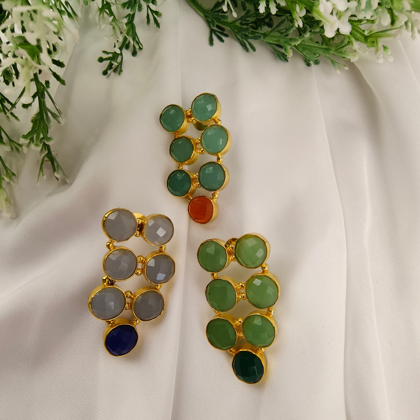 Verdant Cascade Statement Studs – Bezel-Set Geometric Drop Earrings