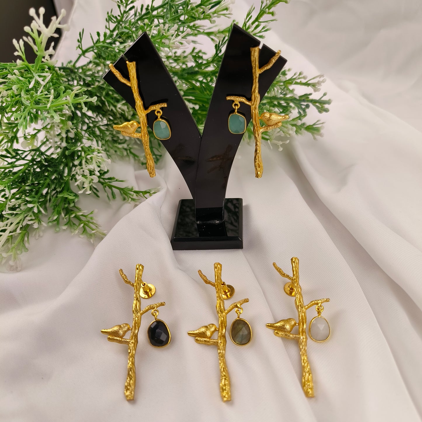 Golden Songbird Branch Earrings – Textured Brass & Gemstone Drops