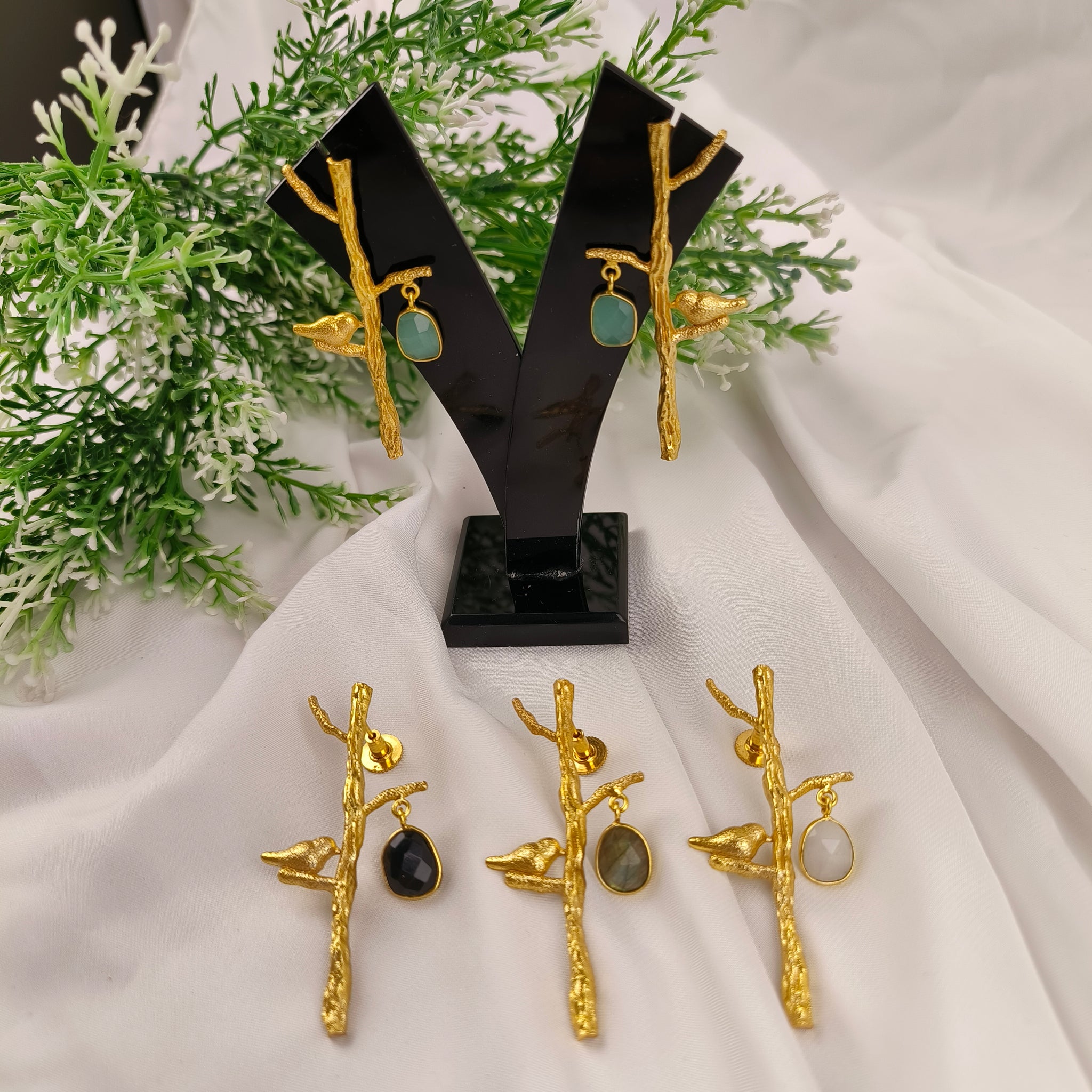 Golden Songbird Branch Earrings – Textured Brass & Gemstone Drops