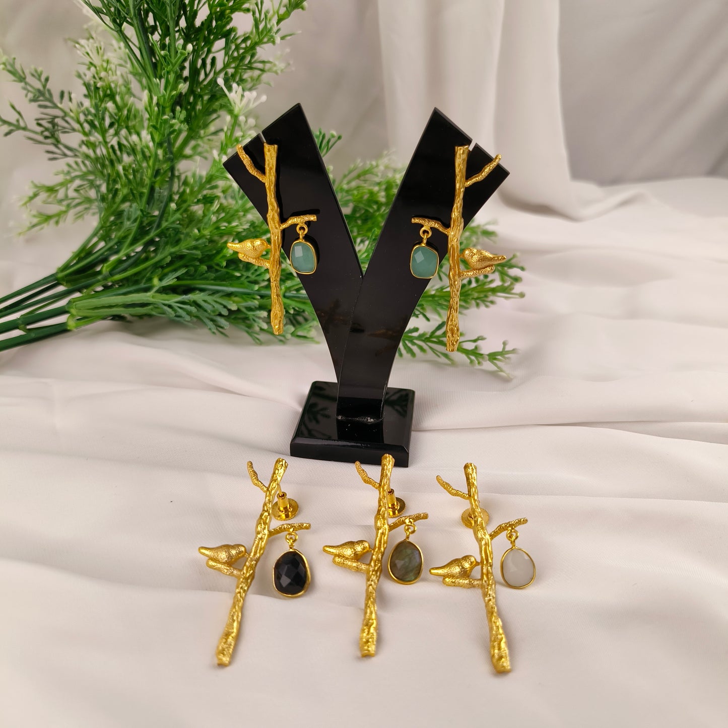 Golden Songbird Branch Earrings – Textured Brass & Gemstone Drops