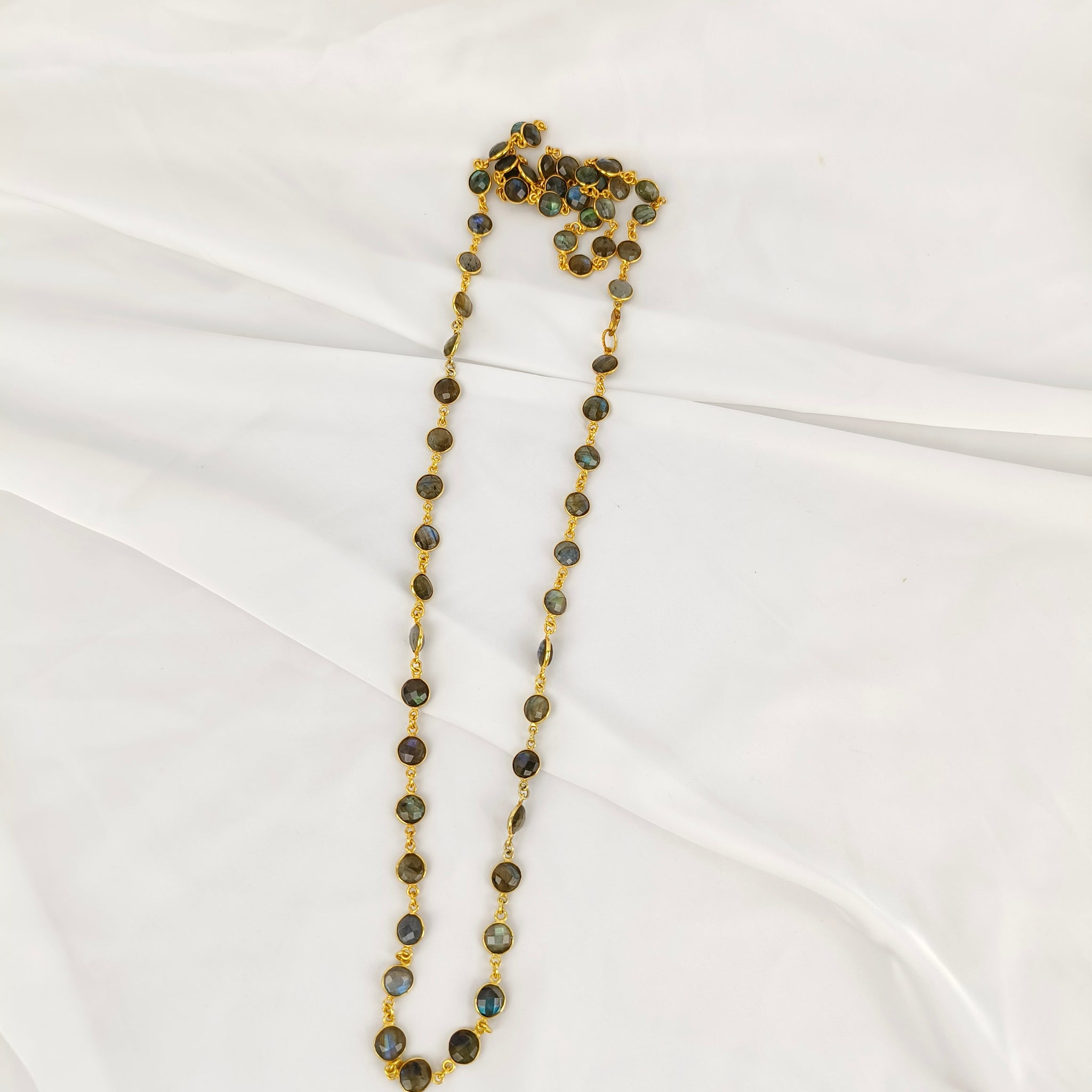 Lustrous Labradorite Station Necklace – Gold Plated Brass Faceted Stone Chain
