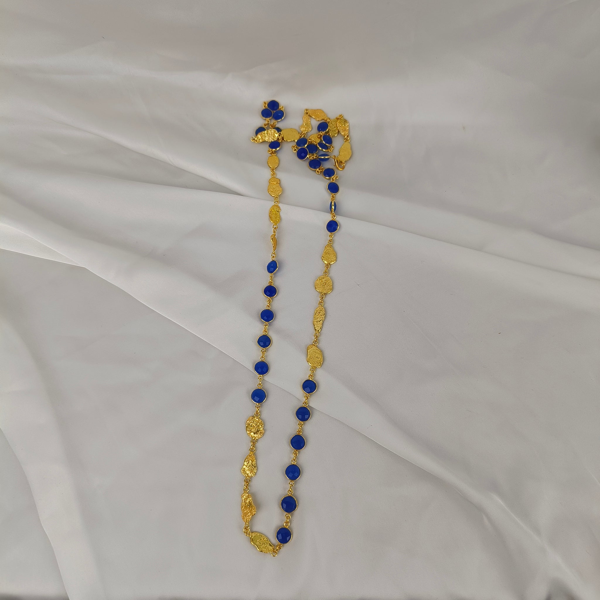 Azure Horizon Long Chain Necklace – Textured Brass & Faceted Calsi Stone