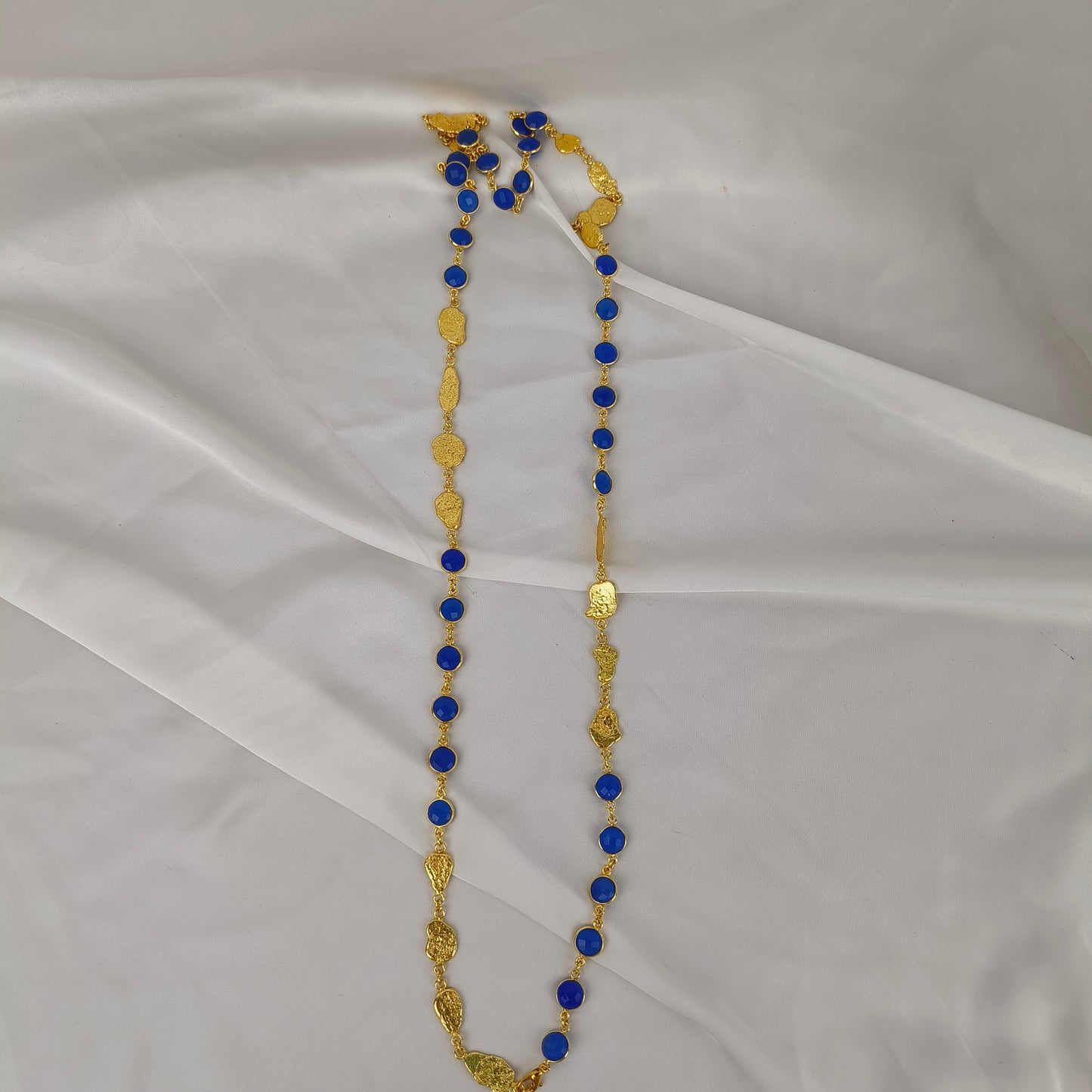 Azure Horizon Long Chain Necklace – Textured Brass & Faceted Calsi Stone
