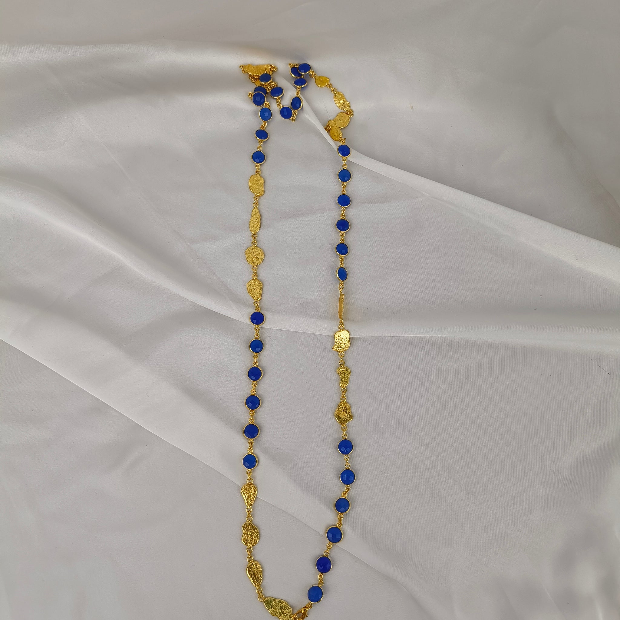 Azure Horizon Long Chain Necklace – Textured Brass & Faceted Calsi Stone
