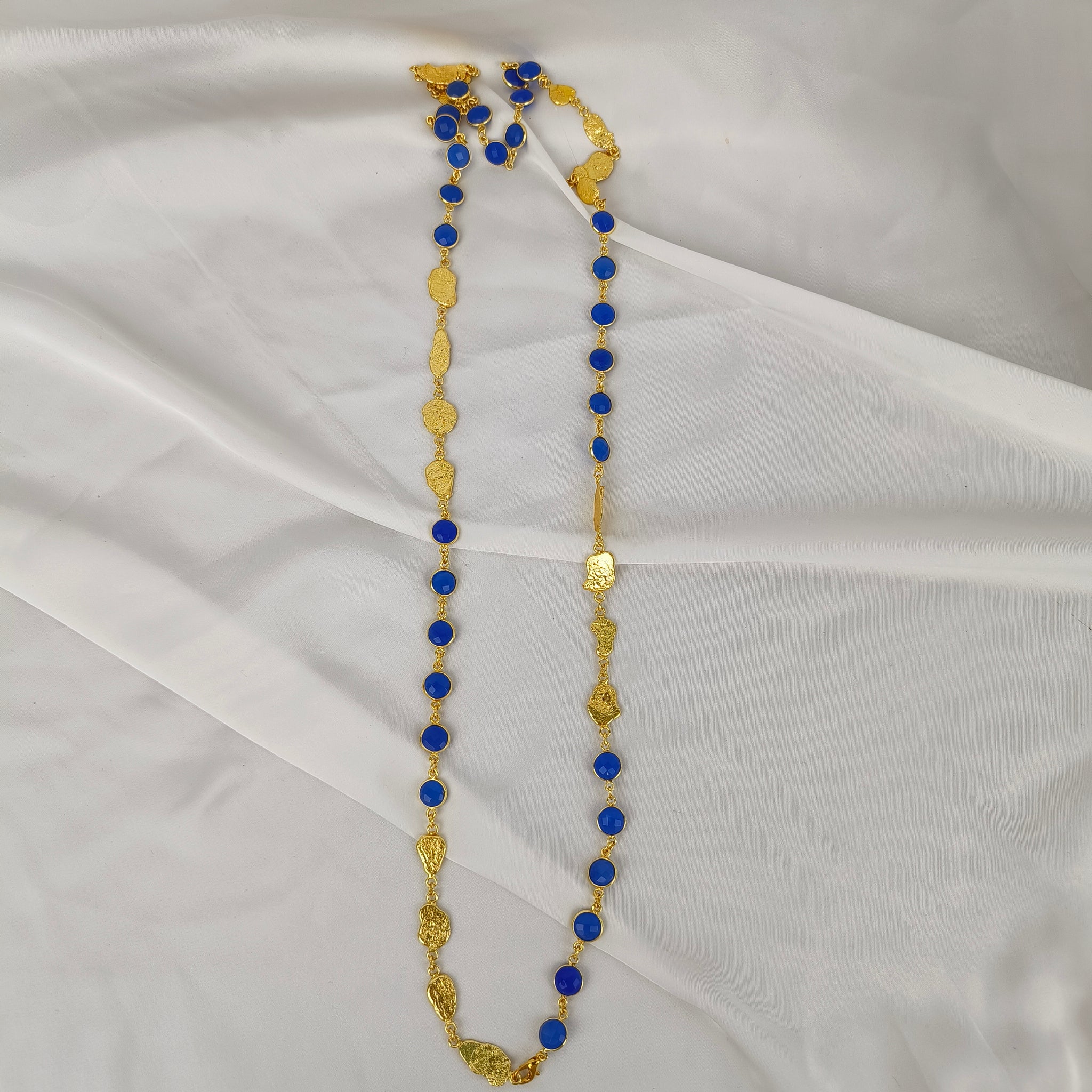 Azure Horizon Long Chain Necklace – Textured Brass & Faceted Calsi Stone