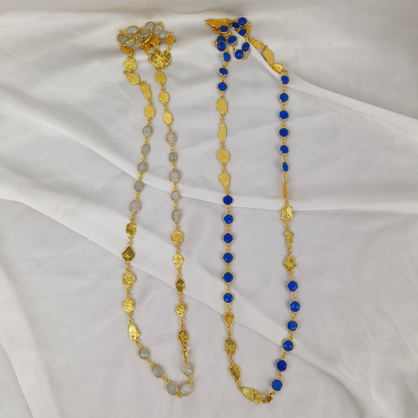 Azure Horizon Long Chain Necklace – Textured Brass & Faceted Calsi Stone