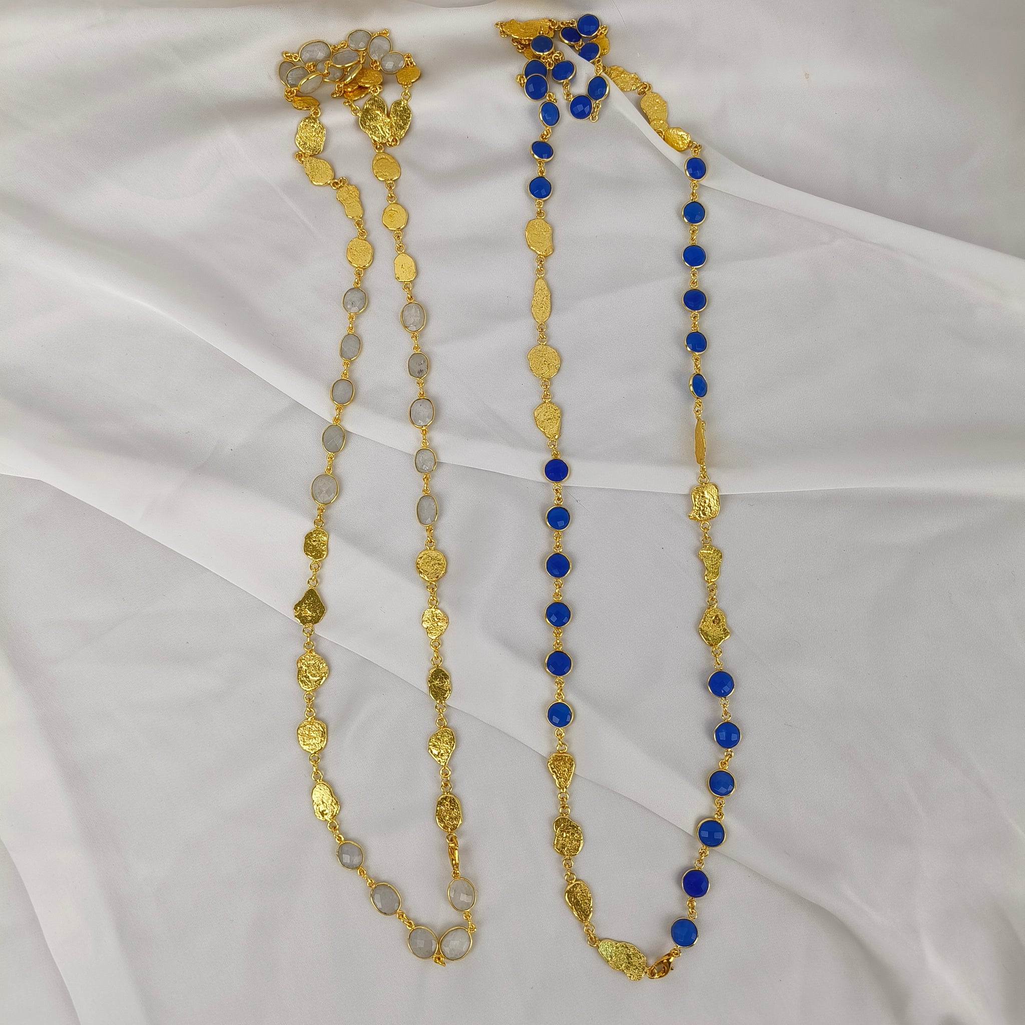 Azure Horizon Long Chain Necklace – Textured Brass & Faceted Calsi Stone
