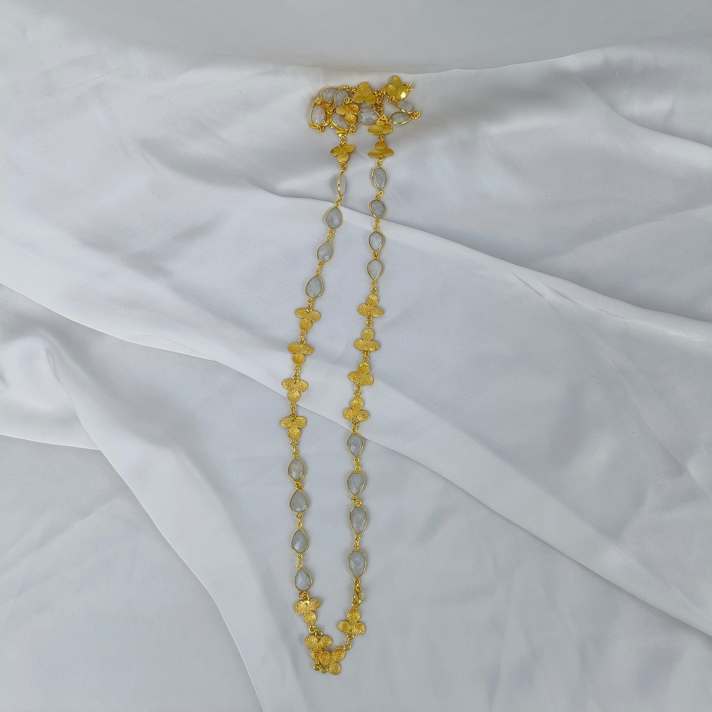 Azure Horizon Long Chain Necklace – Textured Brass & Faceted Calsi Stone