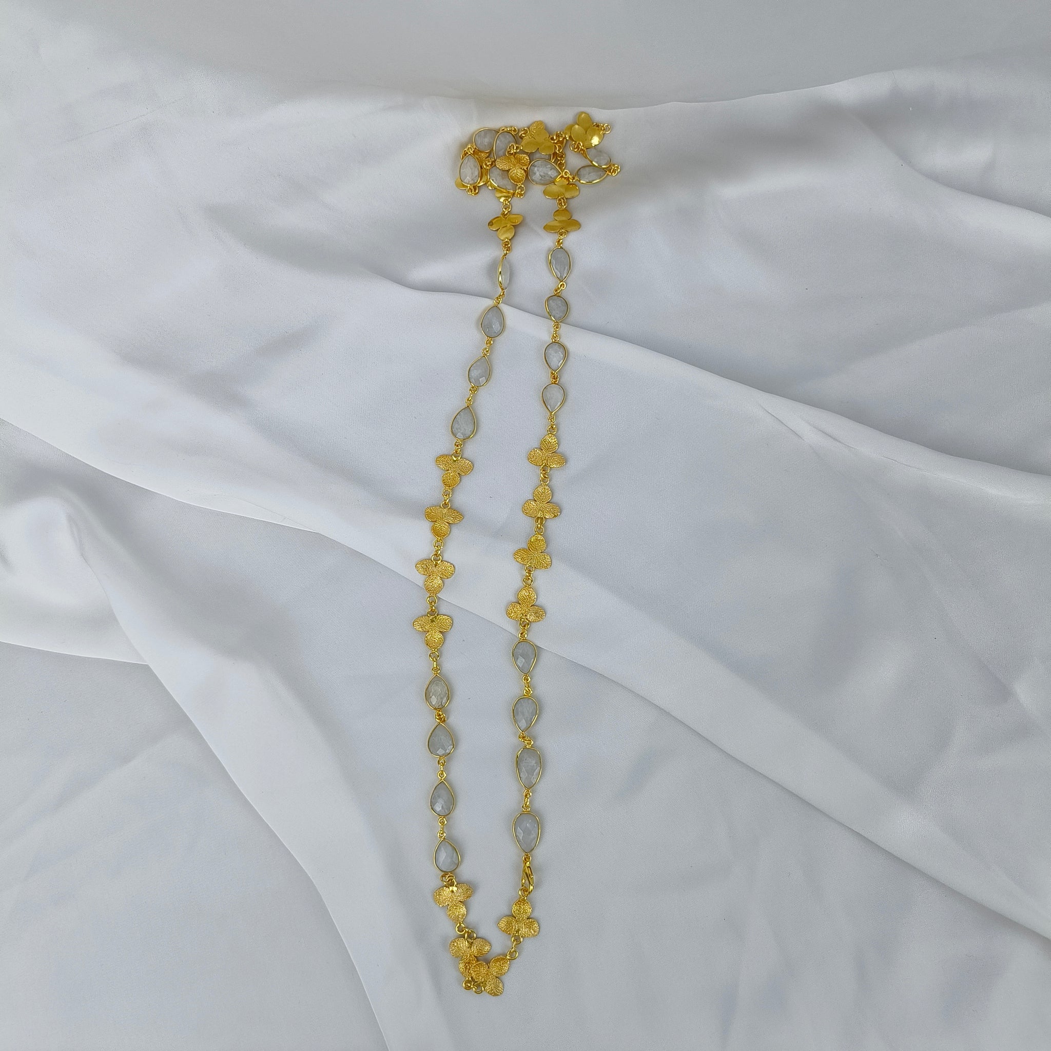 Azure Horizon Long Chain Necklace – Textured Brass & Faceted Calsi Stone