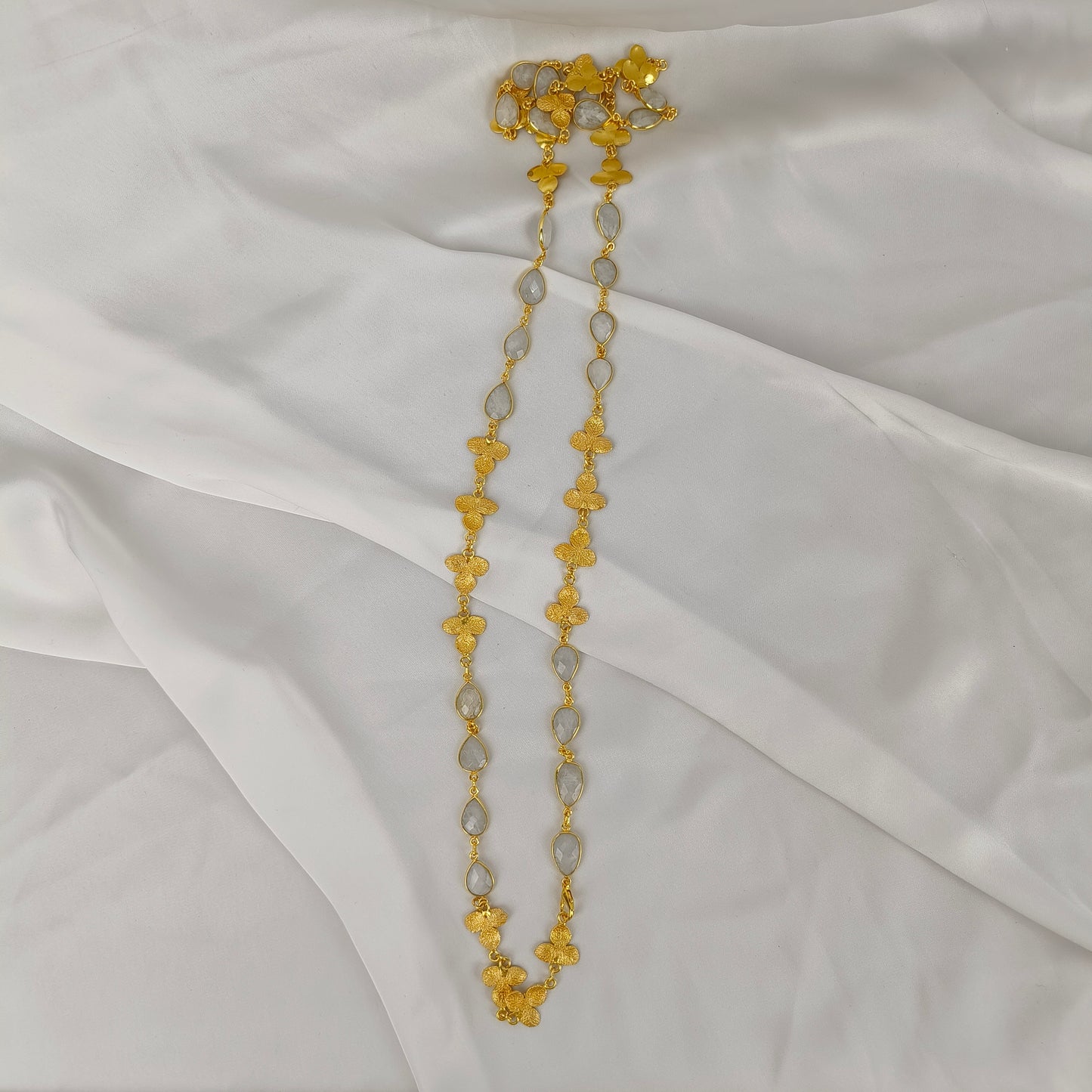Azure Horizon Long Chain Necklace – Textured Brass & Faceted Calsi Stone
