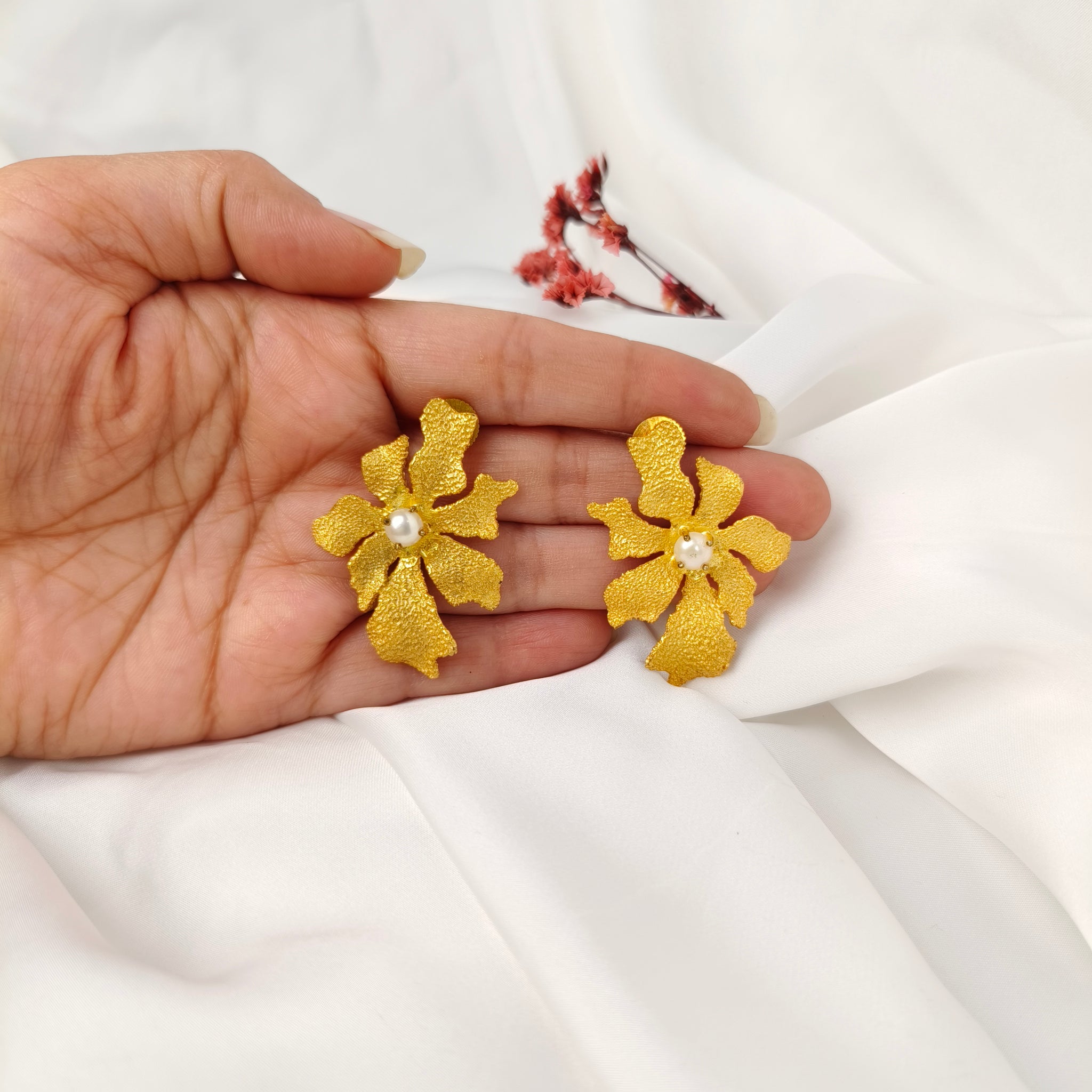 Artisanal Orchid Bloom Studs – Textured Gold Plated Pearl Center Earrings