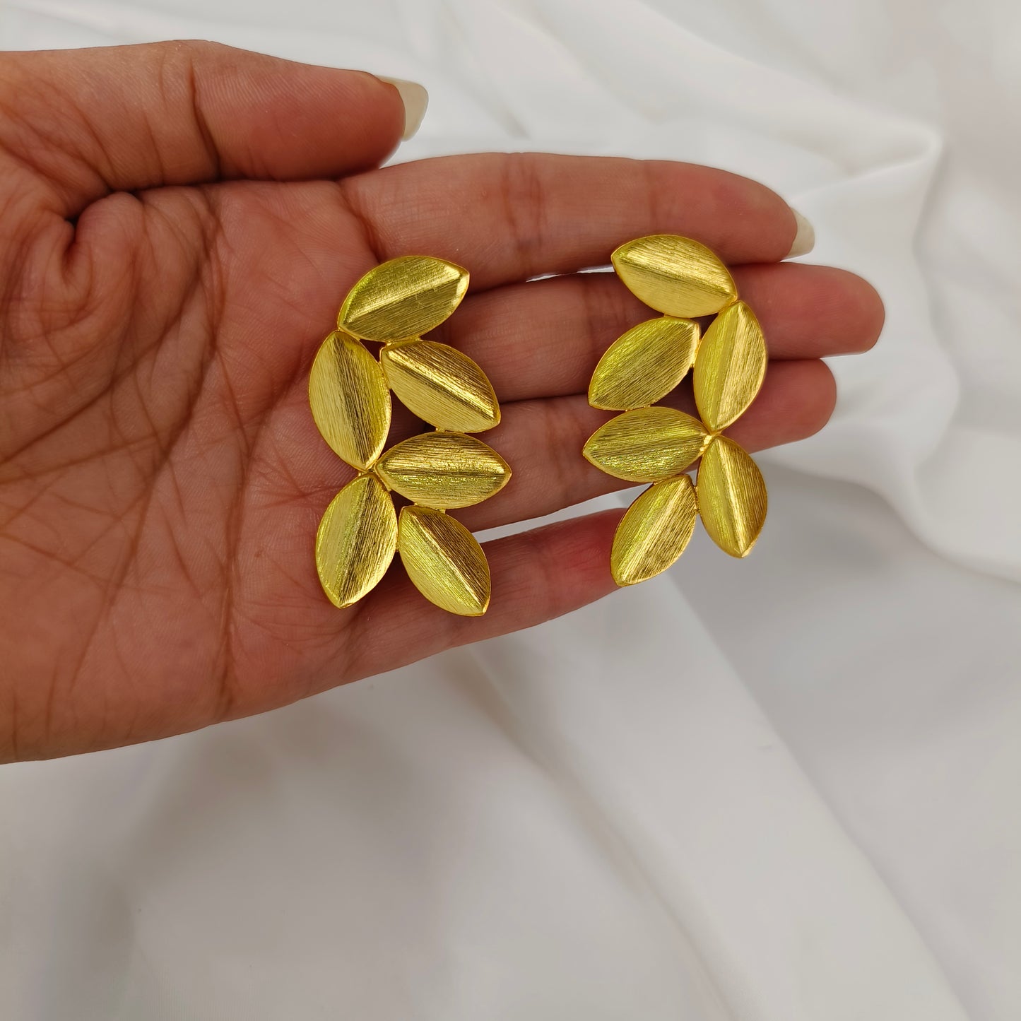 Gilded Laurel Leaf Studs – Brushed Gold Botanical Statement Earrings