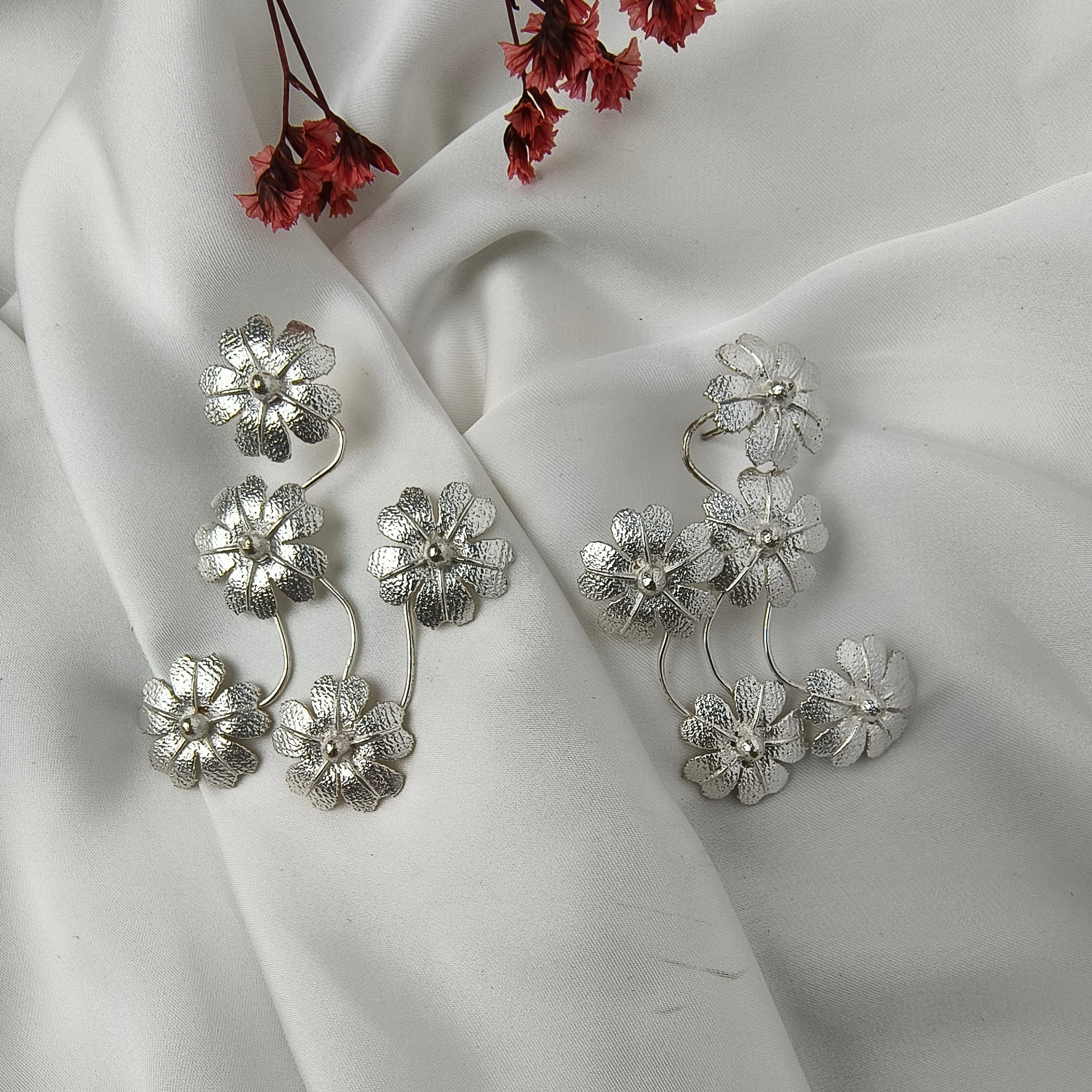 Meadow Cascade Earrings – Silver Plated Textured Botanical Chandelier Drops