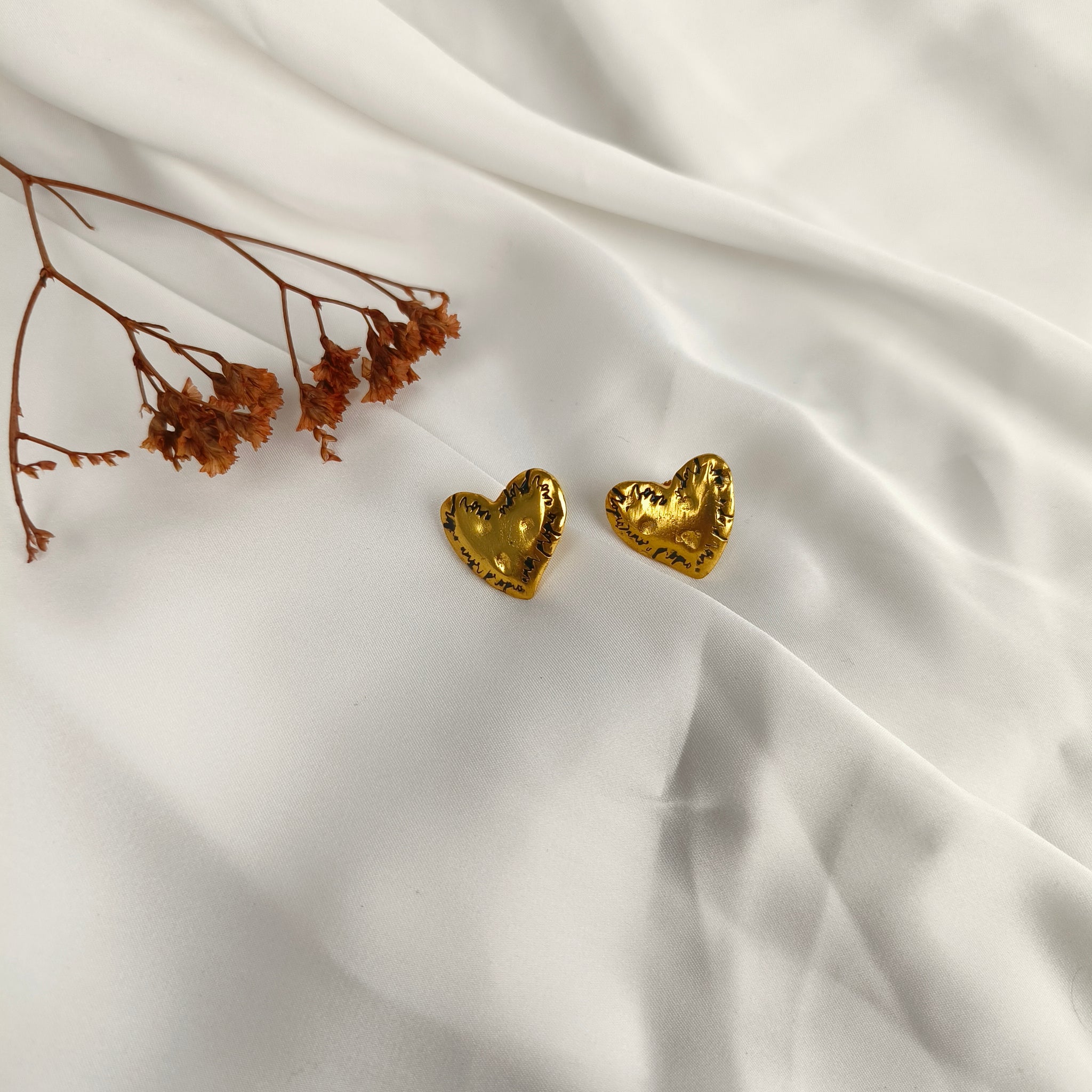 Etched Heart Statement Earrings – Gold Plated Textured Artisan Studs