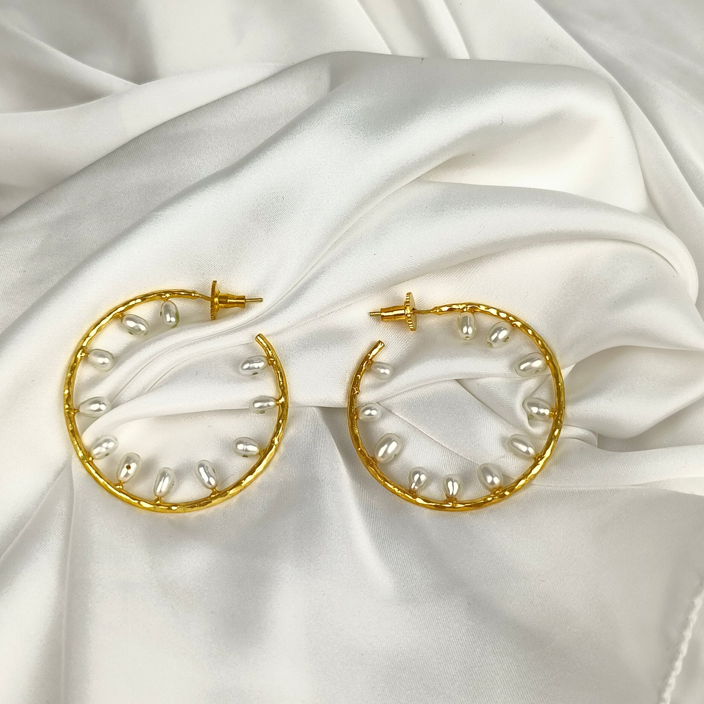 Ornate Gilded Shield Earrings – Gold Plated Floating Pearl Open Hoop Creoles