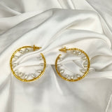 Ornate Gilded Shield Earrings – Gold Plated Floating Pearl Open Hoop Creoles