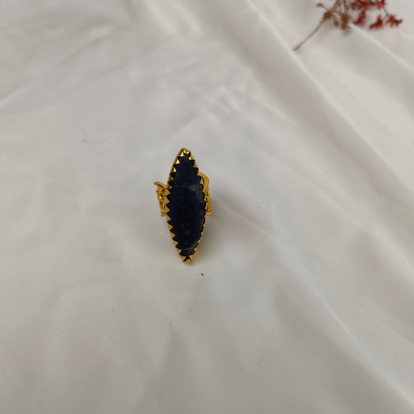 Gothic Eclipse Navette Ring – Gold Plated Sodalite Statement Cocktail Ring