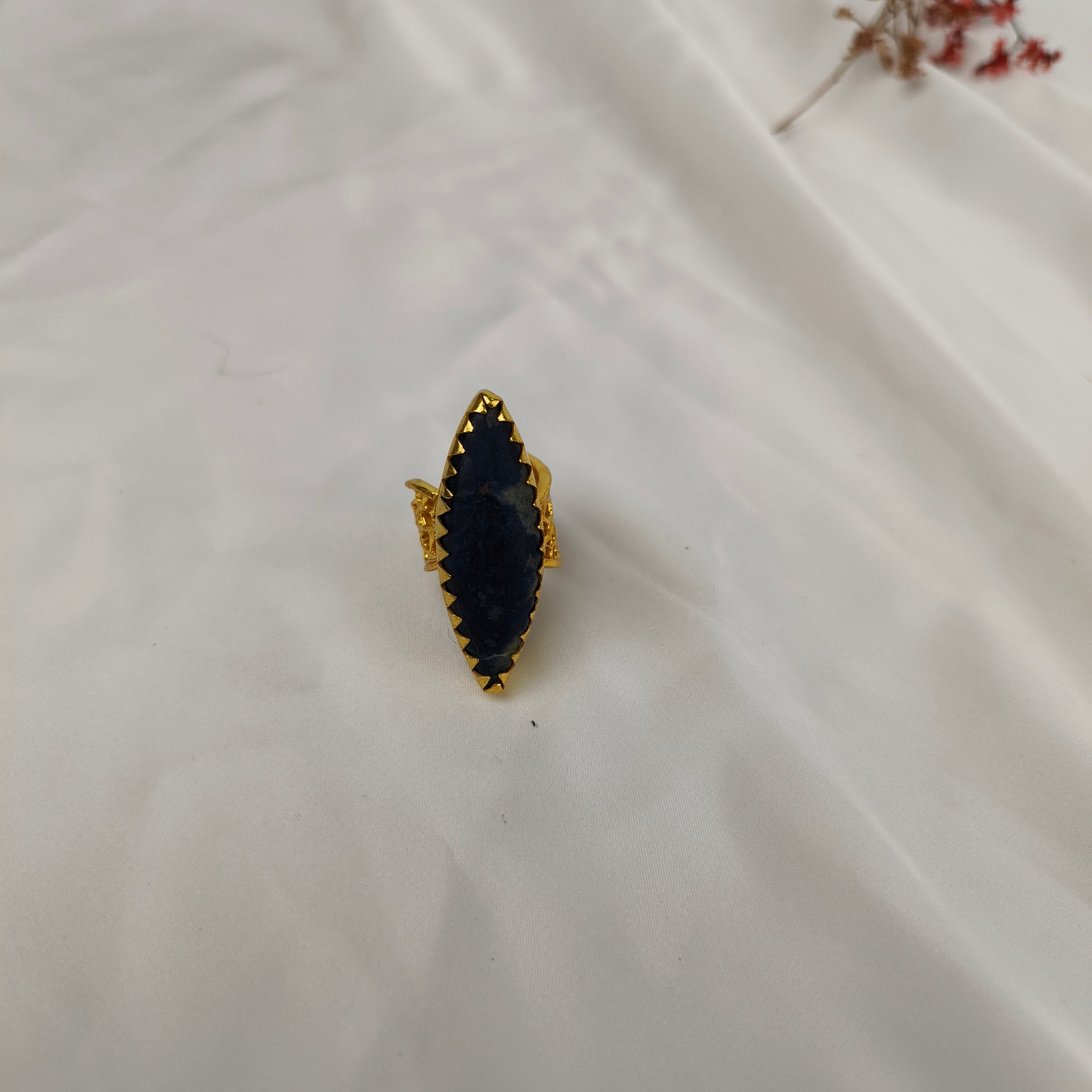 Gothic Eclipse Navette Ring – Gold Plated Sodalite Statement Cocktail Ring