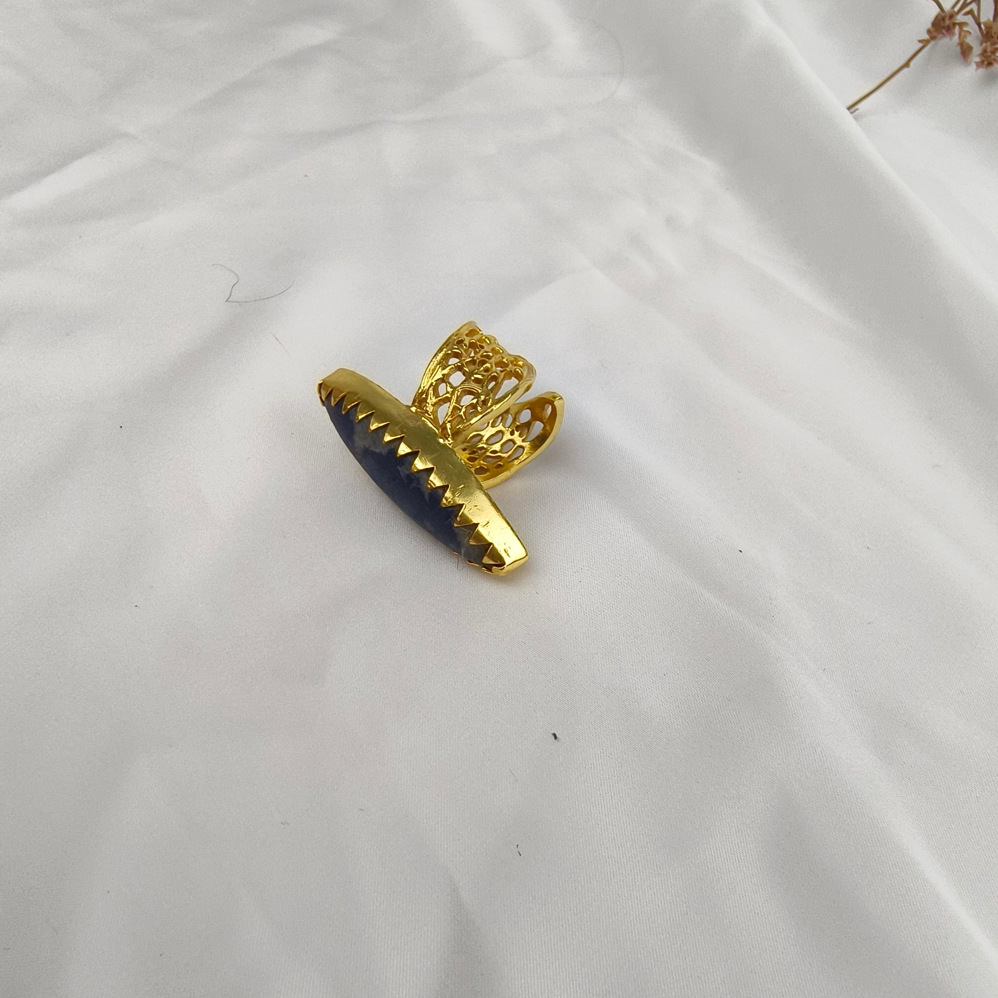 Gothic Eclipse Navette Ring – Gold Plated Sodalite Statement Cocktail Ring