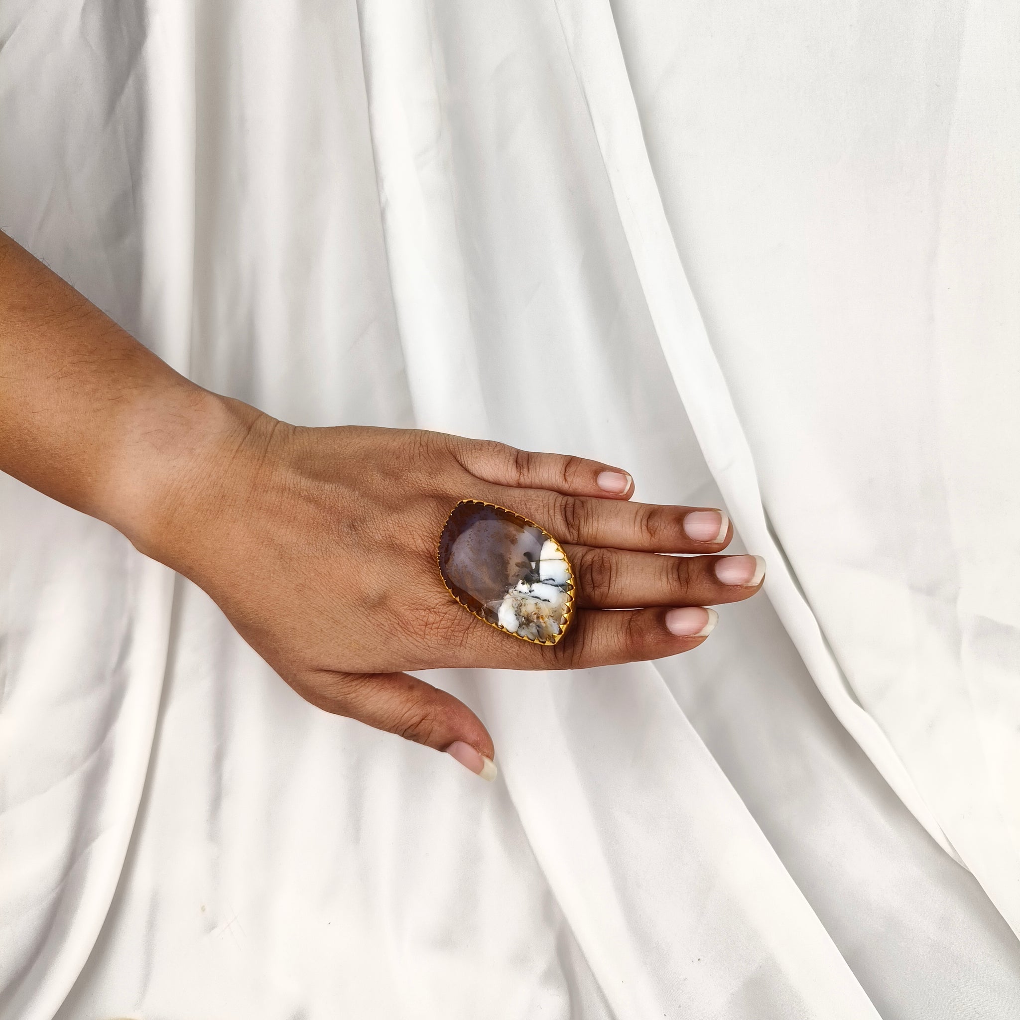 Sienna Wilderness Cocktail Ring – Gold Plated Elongated Scenic Agate Statement Ring