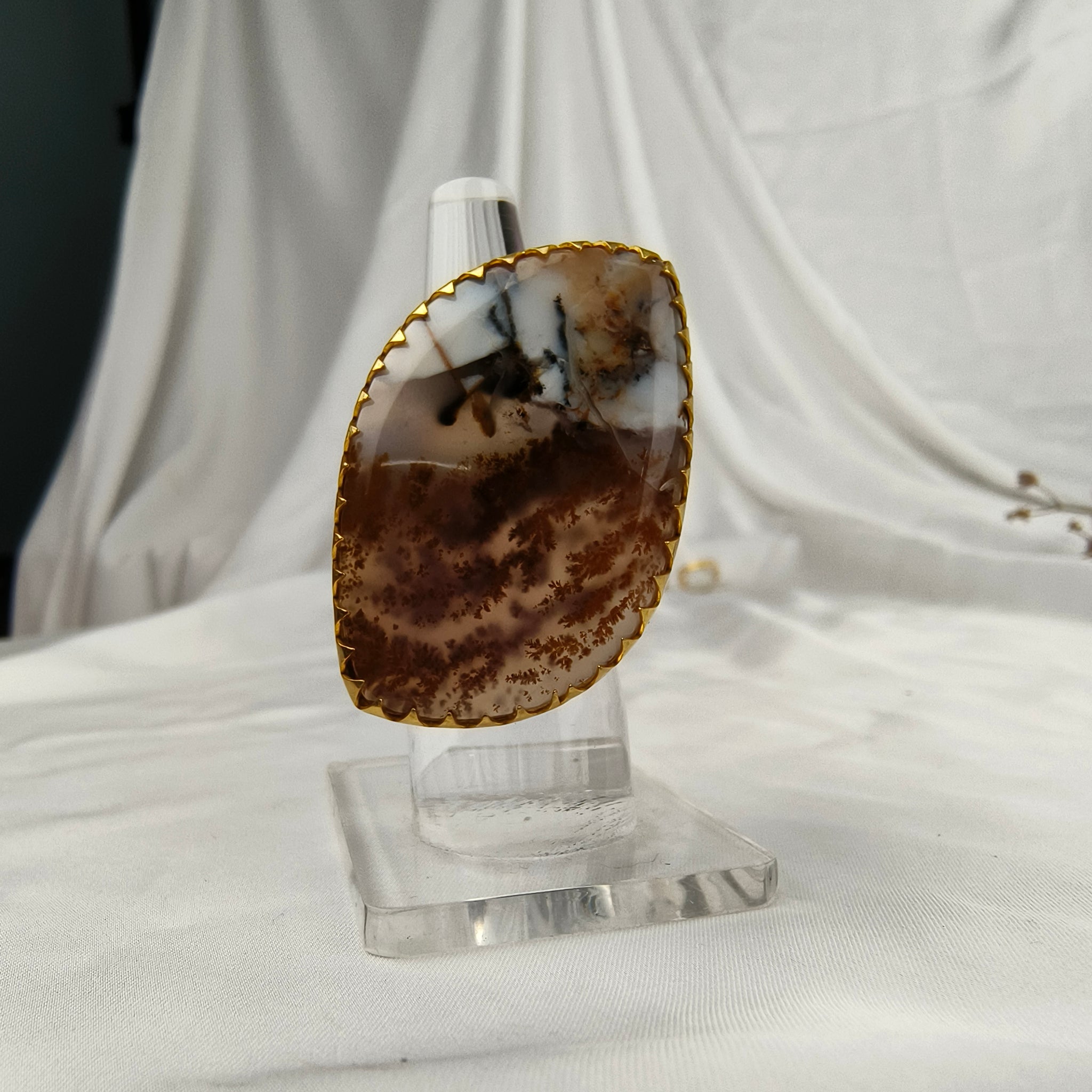 Sienna Wilderness Cocktail Ring – Gold Plated Elongated Scenic Agate Statement Ring