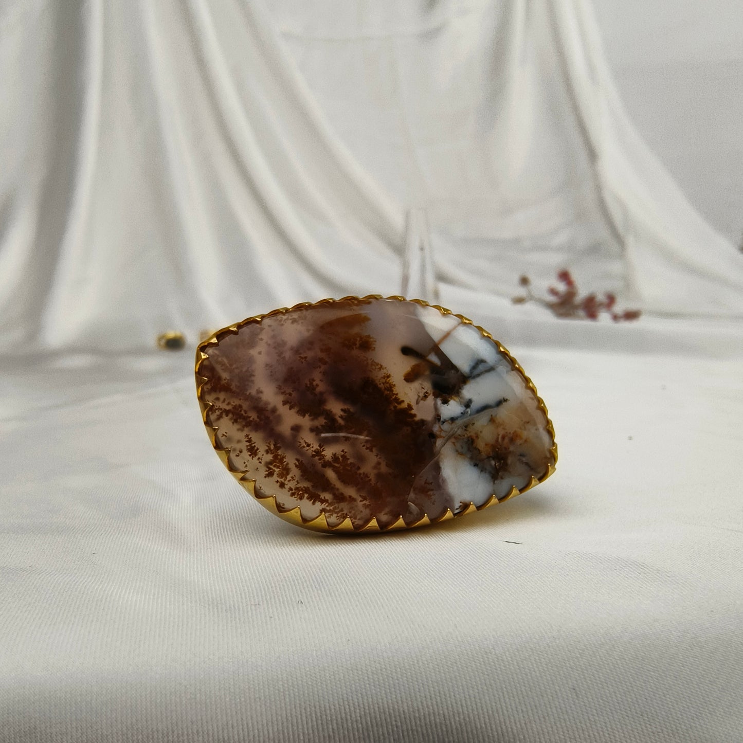Sienna Wilderness Cocktail Ring – Gold Plated Elongated Scenic Agate Statement Ring