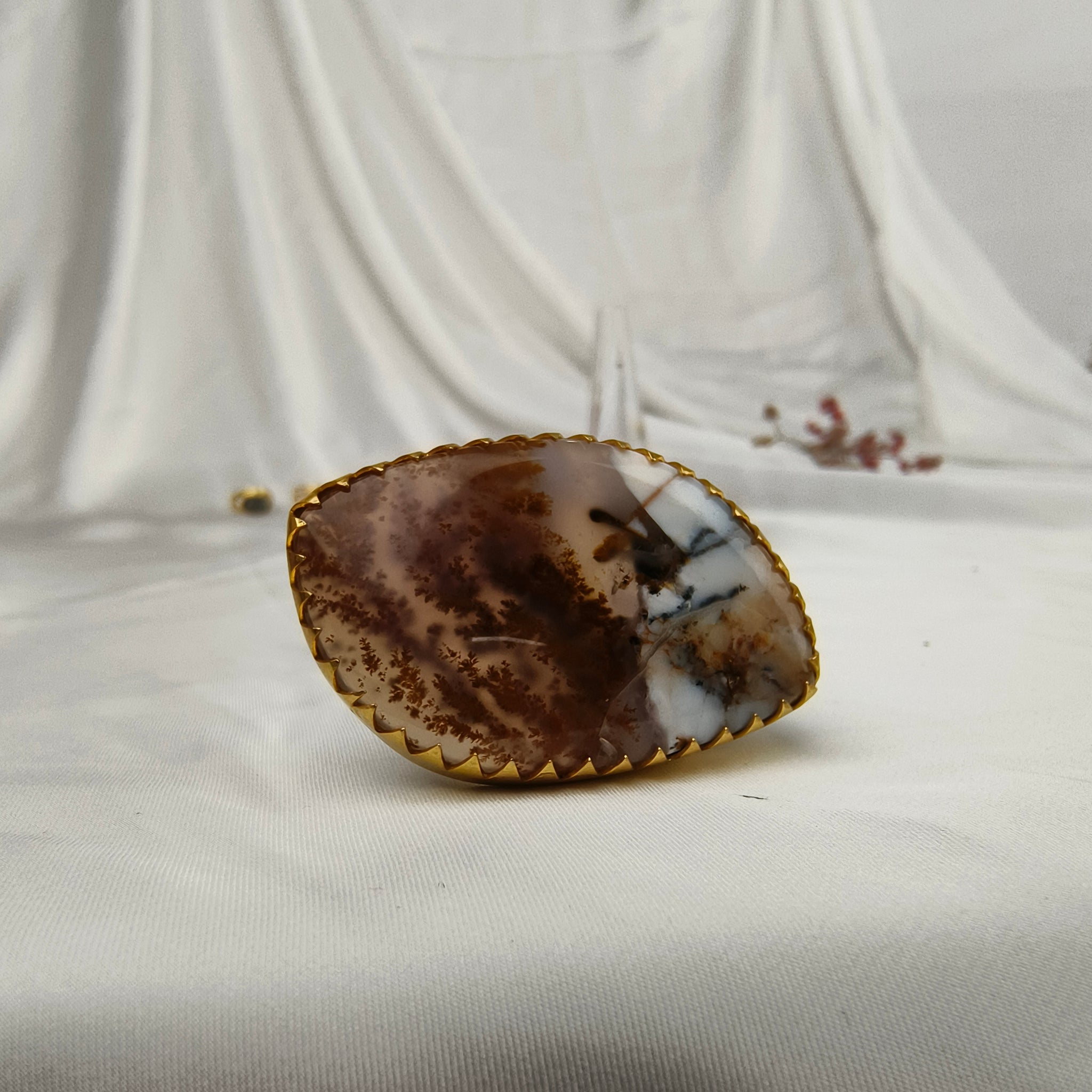 Sienna Wilderness Cocktail Ring – Gold Plated Elongated Scenic Agate Statement Ring