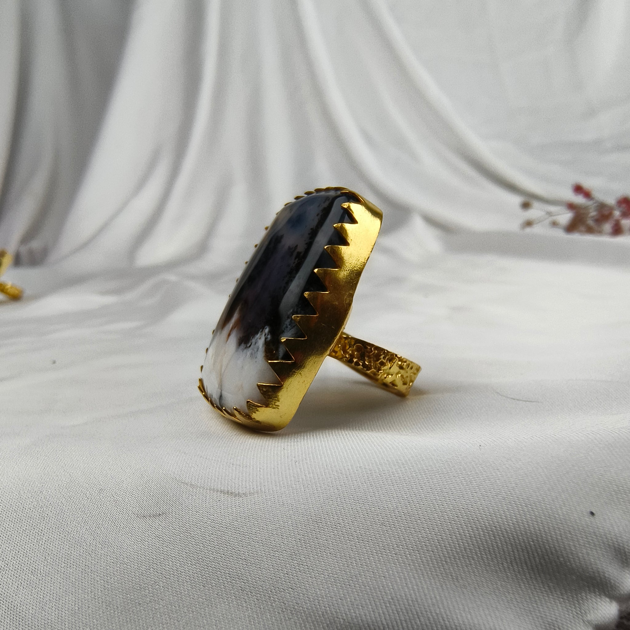 Dendritic Peak Cushion Ring –  Gold Plated Statement Cocktail Ring with Organic Scenic Moss Agate