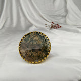 Earth Matrix Round Shield Ring – Gold Plated Moss Agate statement Cocktail Ring