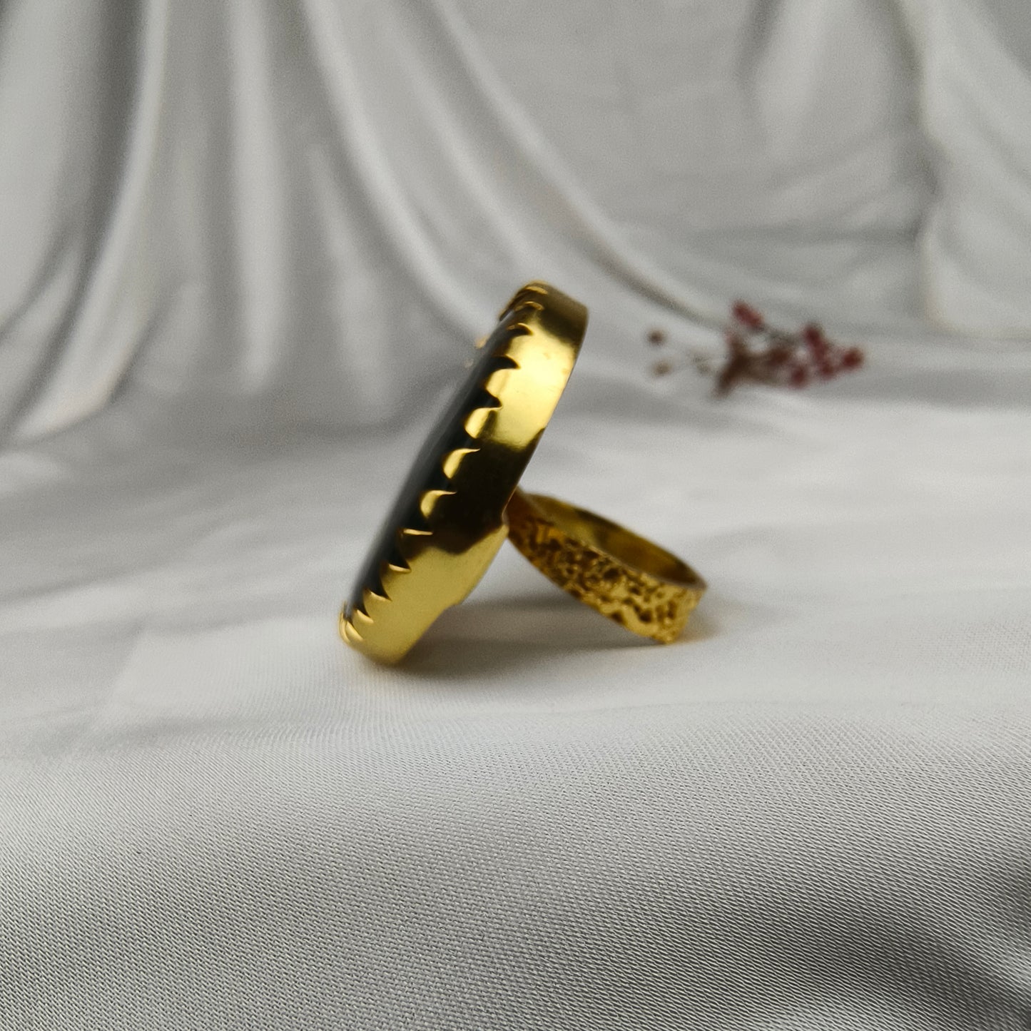 Earth Matrix Round Shield Ring – Gold Plated Moss Agate statement Cocktail Ring