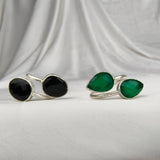 Emerald Toi et Moi Bypass Ring – Silver-Plated Brass Faceted Green Onyx Wrap Ring