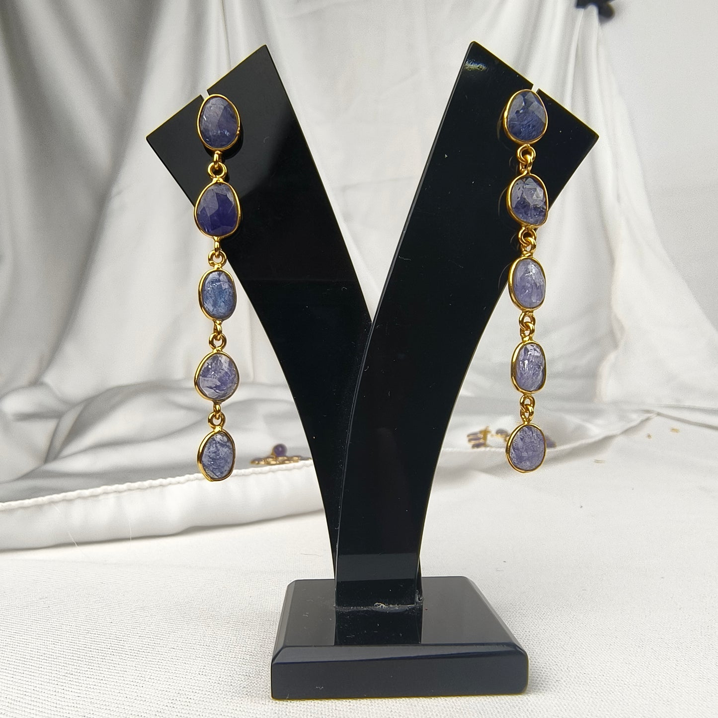 Azure Horizon Linear Dangle Earrings – Gold Plated Periwinkle Stone Statement Drops