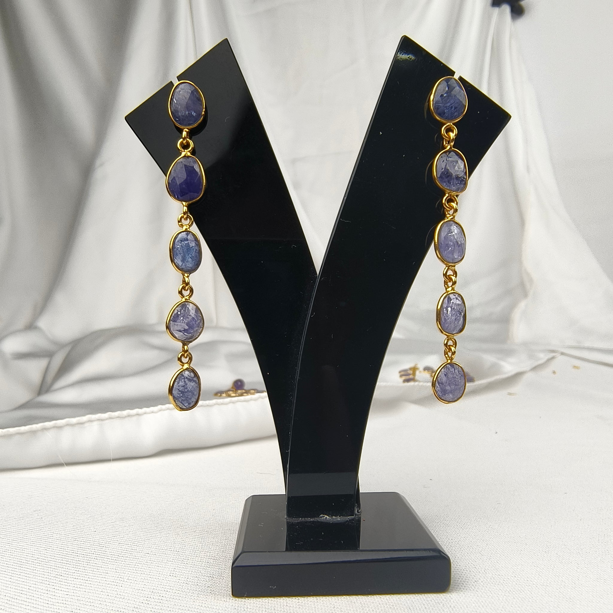Azure Horizon Linear Dangle Earrings – Gold Plated Periwinkle Stone Statement Drops