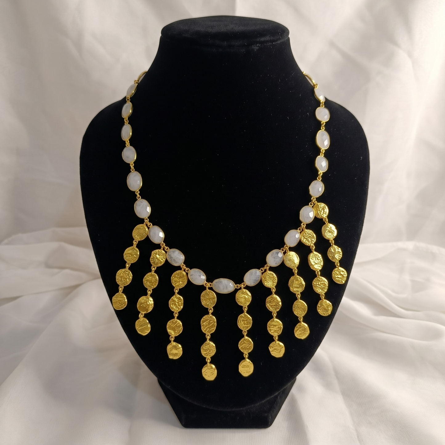Ivory Charm Collar Handmade Brass Necklace – Gold Plated Milky White Gemstone Fringe Necklace