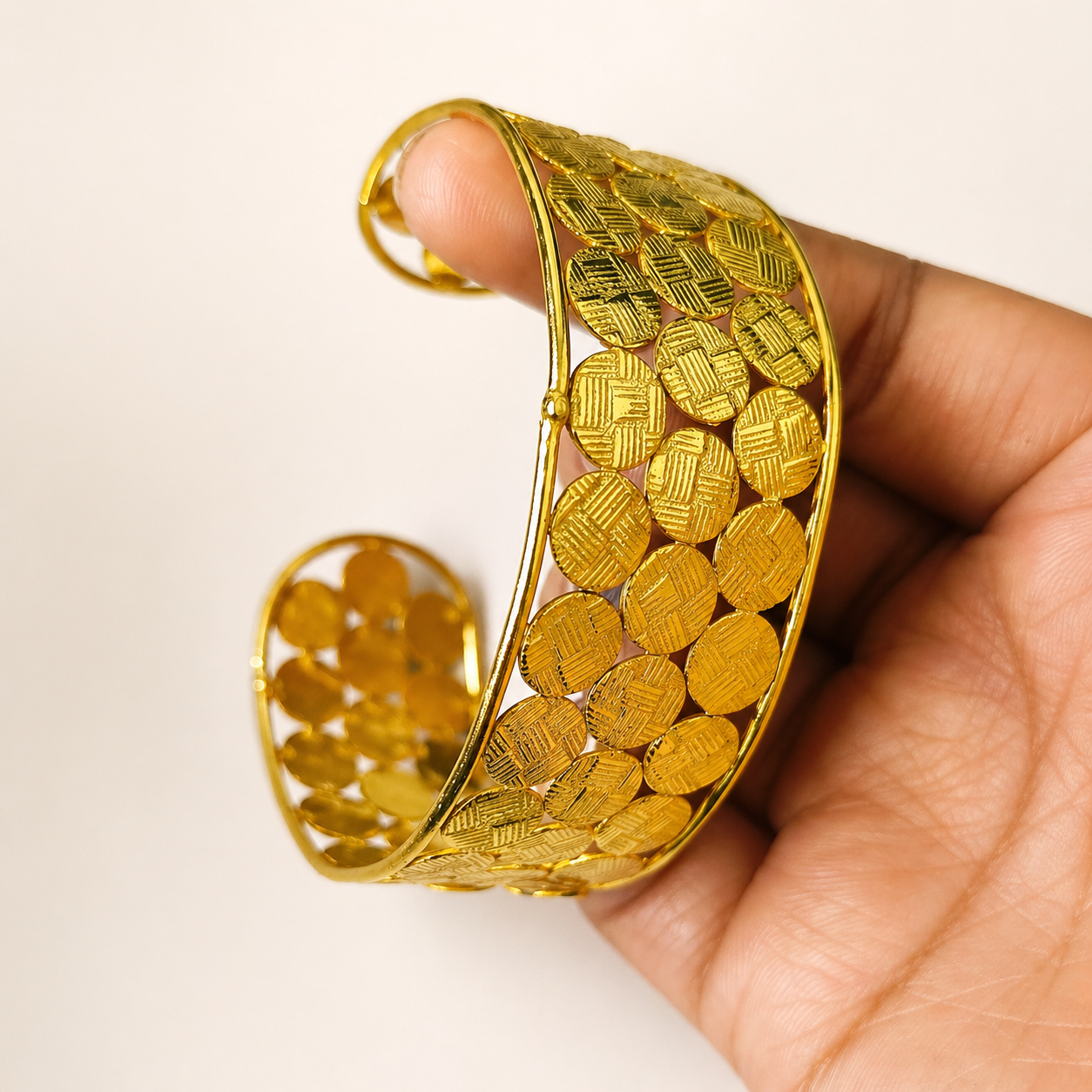 Bangbang Handmade Brass Cuff Bracelet – Gold Plated Cross-Hatch Textured Coin Statement Bangle
