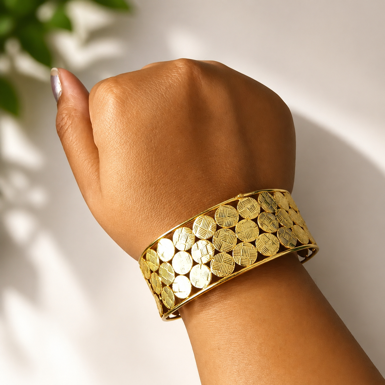 Bangbang Handmade Brass Cuff Bracelet – Gold Plated Cross-Hatch Textured Coin Statement Bangle