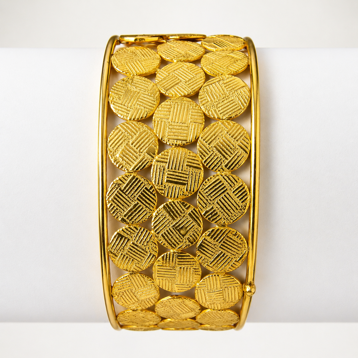 Bangbang Handmade Brass Cuff Bracelet – Gold Plated Cross-Hatch Textured Coin Statement Bangle