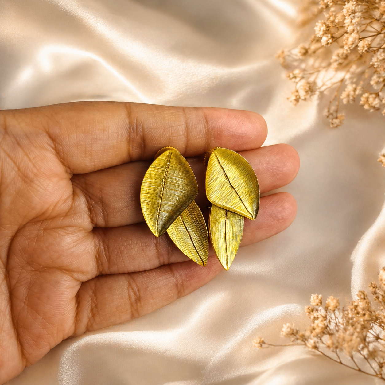 Cadiz Handmade Brass Earrings – Gold Plated Layered Leaf Statement Studs
