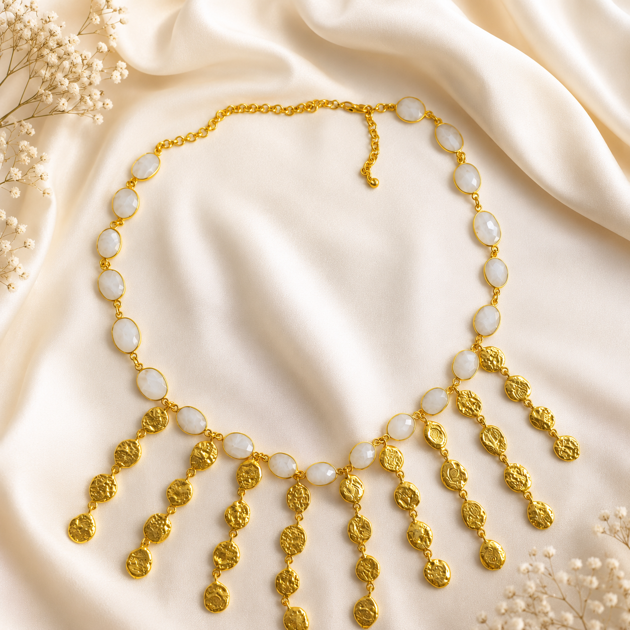 Ivory Charm Collar Handmade Brass Necklace – Gold Plated Milky White Gemstone Fringe Necklace