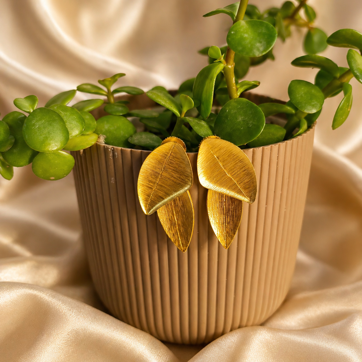 Cadiz Handmade Brass Earrings – Gold Plated Layered Leaf Statement Studs