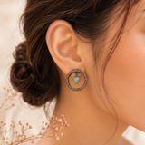 Crystal Halo Drops Earring – Black Oxidized Textured Hoop with Mint Green Crystal