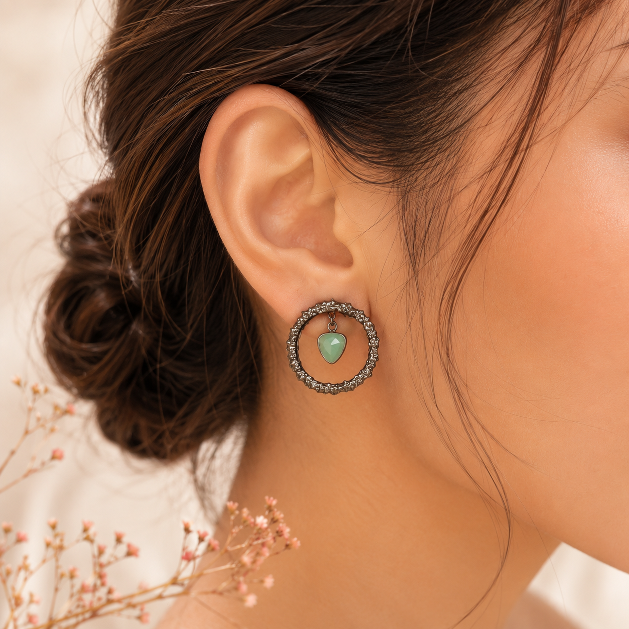 Crystal Halo Drops Earring – Black Oxidized Textured Hoop with Mint Green Crystal