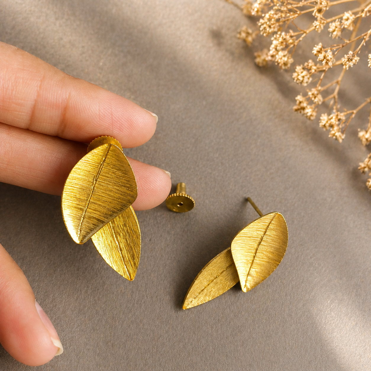 Cadiz Handmade Brass Earrings – Gold Plated Layered Leaf Statement Studs