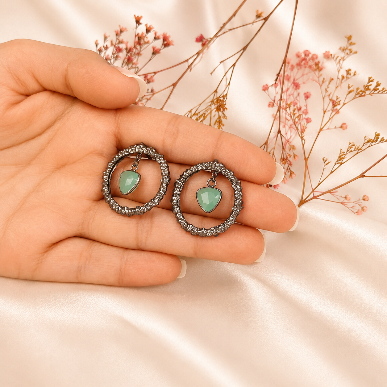 Crystal Halo Drops Earring – Black Oxidized Textured Hoop with Mint Green Crystal