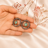 Crystal Halo Drops Earring – Black Oxidized Textured Hoop with Mint Green Crystal